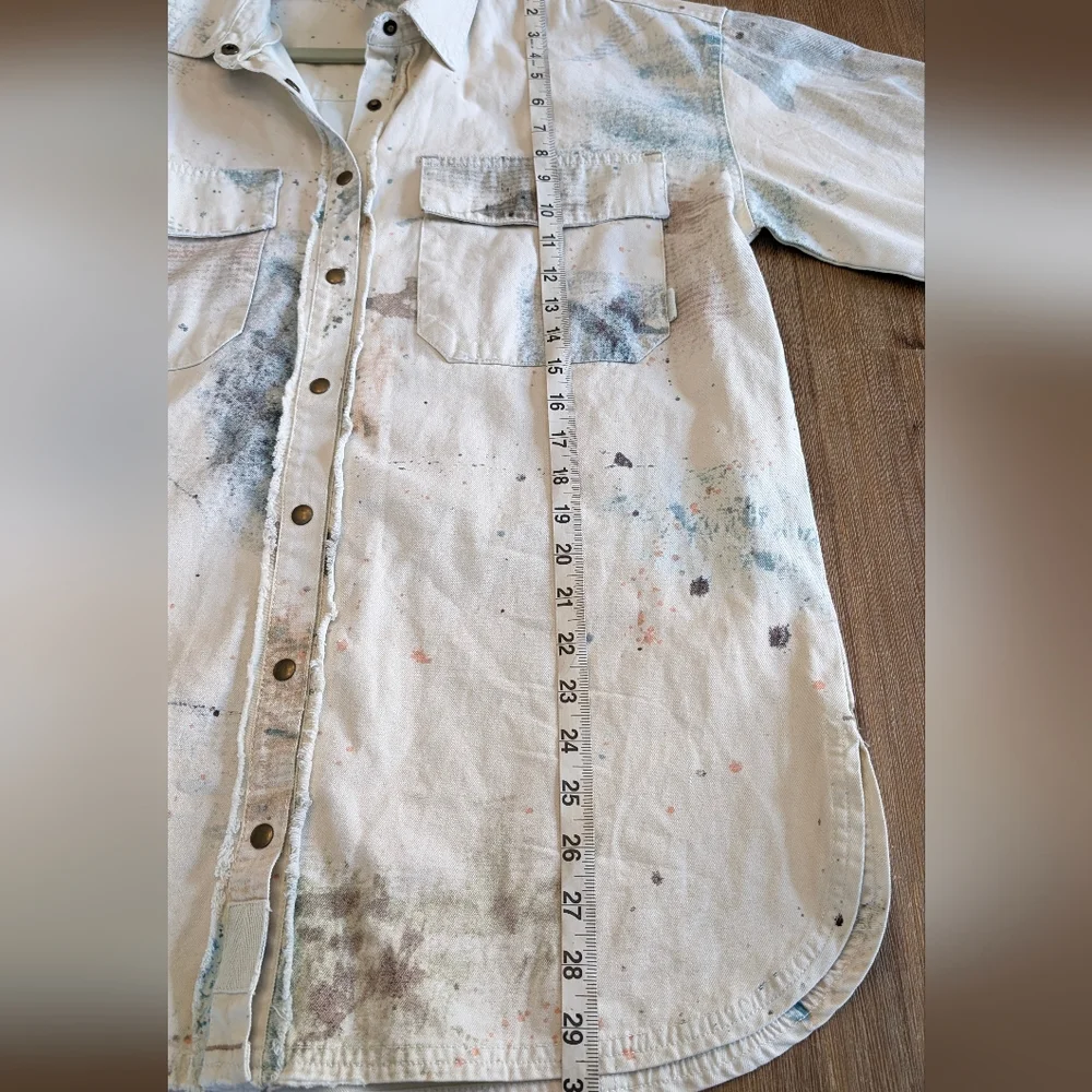 Free People Sunshine Fields Buttondown Top Splatter Denim Jacket Size S